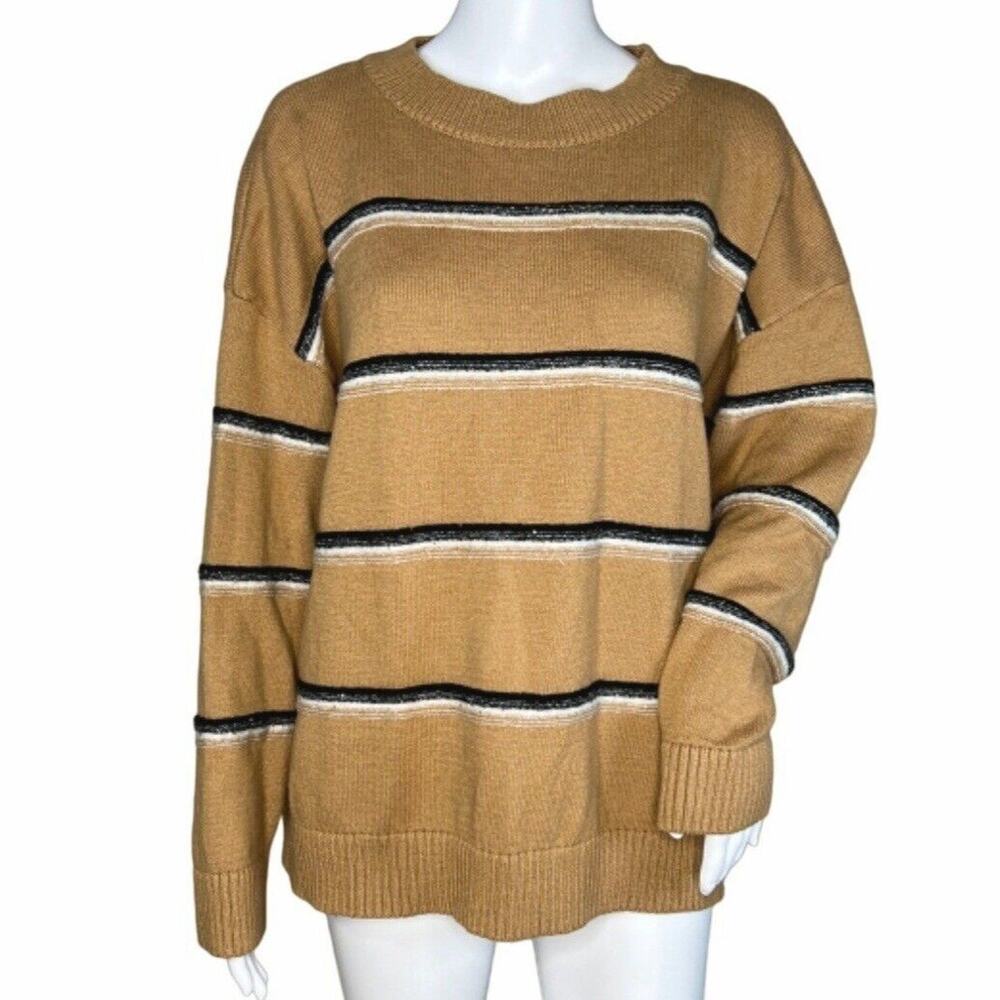 Talbots Sweater Womens Extra Large Tan Black Stripe Metallic Shine Preppy Cozy